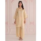 Yellow Embroidered Linen Satin Kurta with Pants- Set of 2