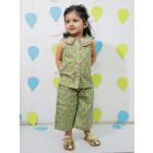 Green Printed Cotton Top with Pants - Set of 2