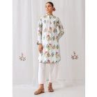 Blue White Printed Cotton Kurta with Pants- Set of 2