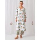 Blue White Printed Cotton Kurta with Pants- Set of 2
