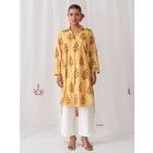 Yellow Printed Cotton Kurta with Pants- Set of 2