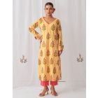 Yellow Printed Cotton Kurta with Pants- Set of 2