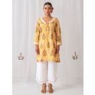 Yellow Printed Cotton Kurta with Pants- Set of 2