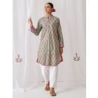 Mint Green Pink Printed Cotton Kurta with Pants- Set of 2