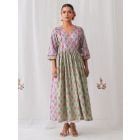 Mint Green Pink Printed Cotton Kurta with Pants- Set of 2