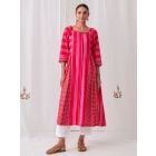 Pink Red Striped Cotton Kurta with Pants- Set of 2