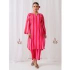 Pink Red Striped Cotton Kurta with Pants- Set of 2