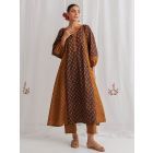 Brown Printed Cotton Kurta with Pants- Set of 2