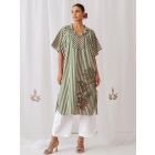 Pink Green Striped Cotton Embroidered Kaftan with Pants- Set of 2