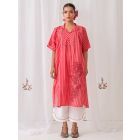 Pink Peach Striped Cotton Embroidered Kaftan with Pants- Set of 2