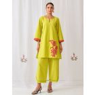 Lemon Green Embroidered Cotton Kurta with Pants- Set of 2