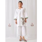 White Embroidered Cotton Kurta with Pants- Set of 2