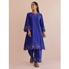 Blue Embroidered Cotton Kurta with Pants - Set of 2
