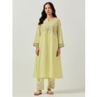 Yellow Embroidered Cotton Kurta with Pants - Set of 2