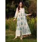 Ivory Turquoise Hand Block Printed Cotton Kurta with Pants - Set of 2