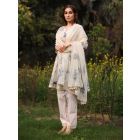 Ivory Blue Hand Block Printed Cotton Suit - Set of 3