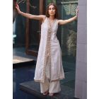 Ivory Lace Work Cotton Jacquard Kurta with Pants - Set of 2