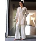 Beige Embroidered Cotton Striped Kurta with Pants- Set of 2