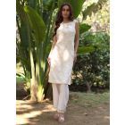 White Embroidered Cotton Organza Kurta with Pants- Set of 2