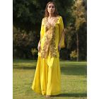 Yellow Hand Embroidered Cotton Kurta with Palazzo- Set of 2