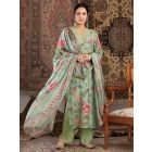 Mint Green Printed Cotton Silk Suit- Set of 3
