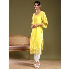 Yellow Lace Work Chanderi Kurta with Pants- Set of 2