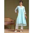 Blue Lace Work Chanderi Kurta with Pants- Set of 2