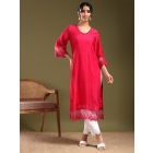 Pink Lace Work Chanderi Kurta with Pants- Set of 2
