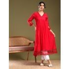 Red Lace Work Chanderi Kurta with Pants- Set of 2