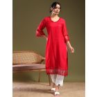 Red Lace Work Chanderi Kurta with Pants- Set of 2