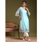 Blue Lace Work Chanderi Kurta with Pants- Set of 2