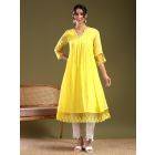 Yellow Lace Work Chanderi Kurta with Pants- Set of 2