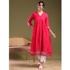 Pink Lace Work Chanderi Kurta with Pants- Set of 2