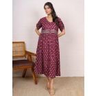 Maroon Beige Printed Cotton Dress