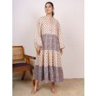 Beige Blue Printed Cotton Dress