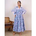 White Blue Hand Block Printed Cotton Dress