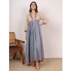 Beige Blue Printed Cotton Dress