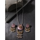 Silver Toned Pastle Pink Handcrafted Brass Necklace with Earrings - Set of 2