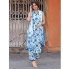 White Blue Printed Cotton Suit - Set of 3