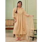 Beige Gota Work Cotton Cambric Suit - Set of 3