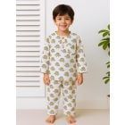 White Grey Hand Block Printed Unisex Cotton Night Wear - Set of 2