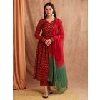 Red Hand Block Printed Mulmul Suit- Set of 3