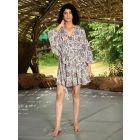 Off White Purple Hand Block Printed Cotton Wrap Dress with Belt