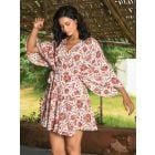Off White Red Hand Block Printed Cotton Wrap Dress with Belt