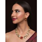 Gold Plated Red Handcrafted Brass Necklace with Earrings - Set of 2