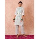 Mint Green Off White Tie and Dye Cotton Lurex Kurta with Pants- Set of 2
