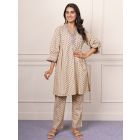 Beige Printed Cotton Kurta with Pants- Set of 2