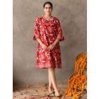 Red Hand Block Printed Cotton Embroidered Dress