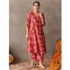 Red Hand Block Printed Cotton Kurta with Pants- Set of 2