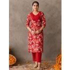 Red Hand Block Printed Cotton Kurta with Pants- Set of 2